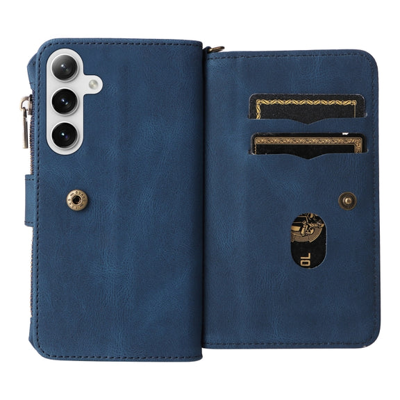 For Samsung Galaxy S25 / S24 5G Skin Feel Multi Card Slots Zipper Wallet Leather Phone Case(Blue)