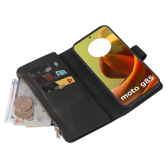 For Motorola Moto G85 Skin Feel Multi Card Slots Zipper Wallet Leather Phone Case(Black)
