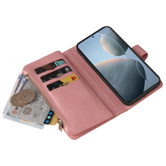 For Redmi K70 Skin Feel Multi Card Slots Zipper Wallet Leather Phone Case(Pink)