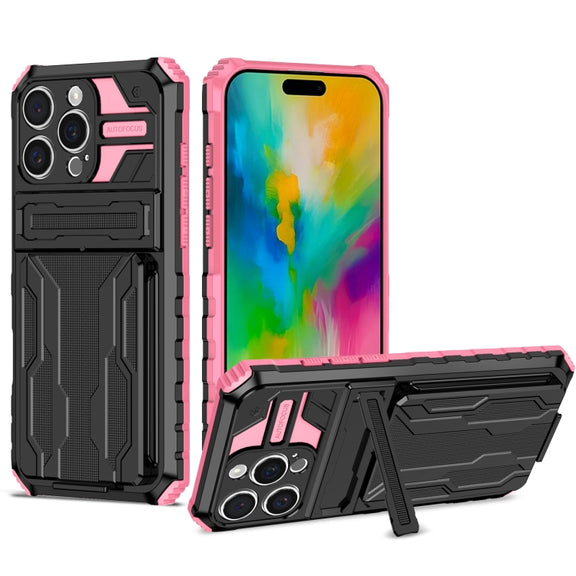 For iPhone 16 Pro Max Kickstand Armor Card Wallet Phone Case(Pink)