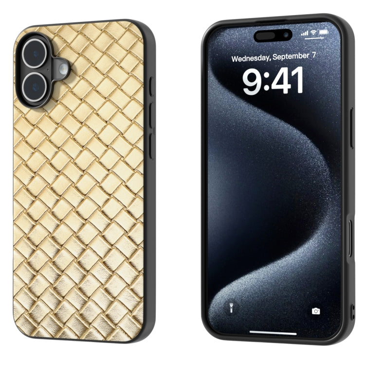 For iPhone 16 Black Frame Woven Texture PU Phone Case(Gold) - iPhone 16 Cases by PMC TechLife | Online Shopping South Africa | PMC TechLife | Buy Now Pay Later Mobicred