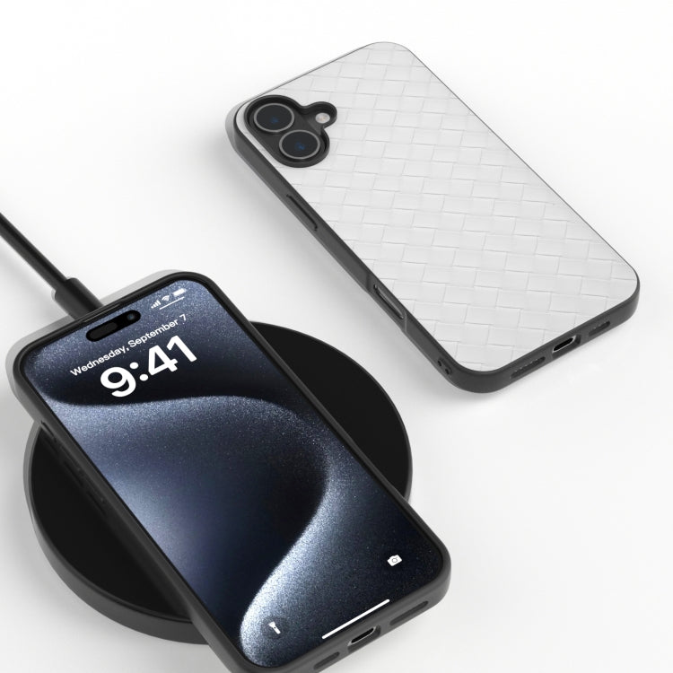 For iPhone 16 Plus Black Frame Woven Texture PU Phone Case(White) - iPhone 16 Plus Cases by PMC TechLife | Online Shopping South Africa | PMC TechLife | Buy Now Pay Later Mobicred