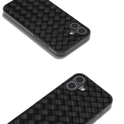 For iPhone 16 Plus Black Frame Woven Texture PU Phone Case(Black)