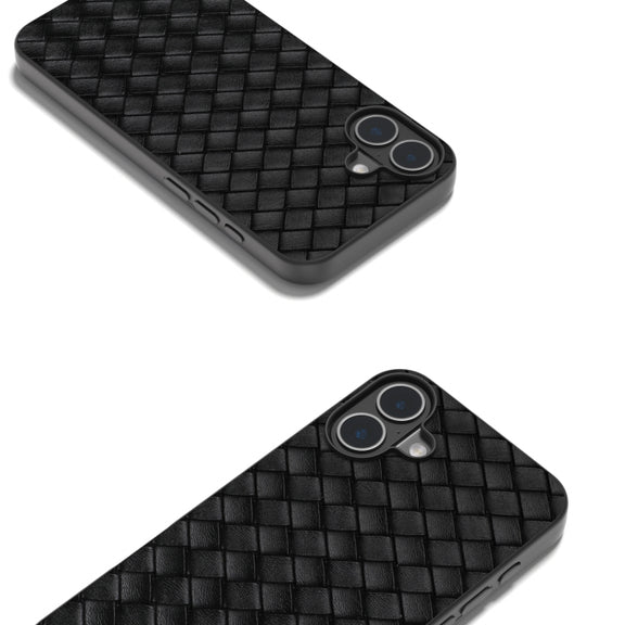 For iPhone 16 Plus Black Frame Woven Texture PU Phone Case(Black)