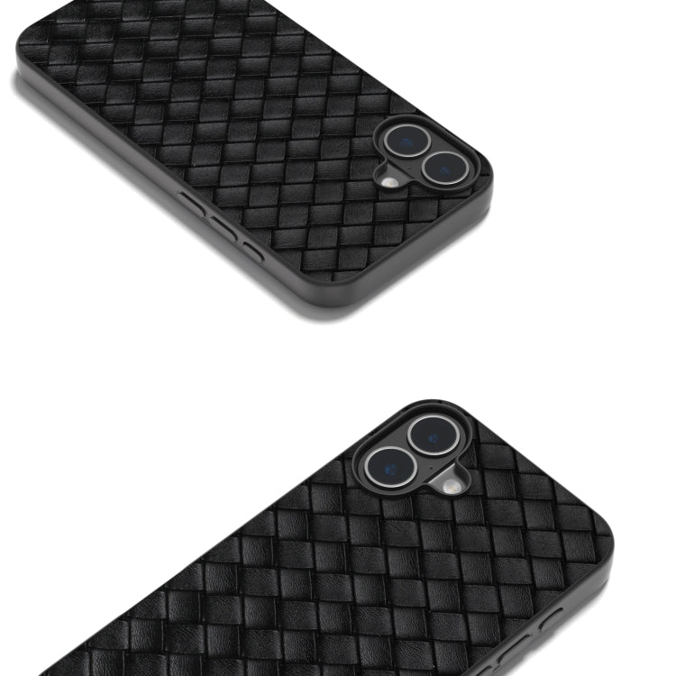 For iPhone 16 Plus Black Frame Woven Texture PU Phone Case(Black)