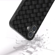 For iPhone 16 Plus Black Frame Woven Texture PU Phone Case(Black)