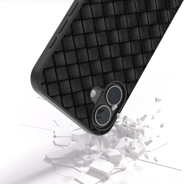 For iPhone 16 Plus Black Frame Woven Texture PU Phone Case(Black)
