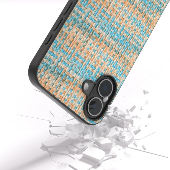 For iPhone 16 Black Frame Color Lattice Texture PU Phone Case(Blue)