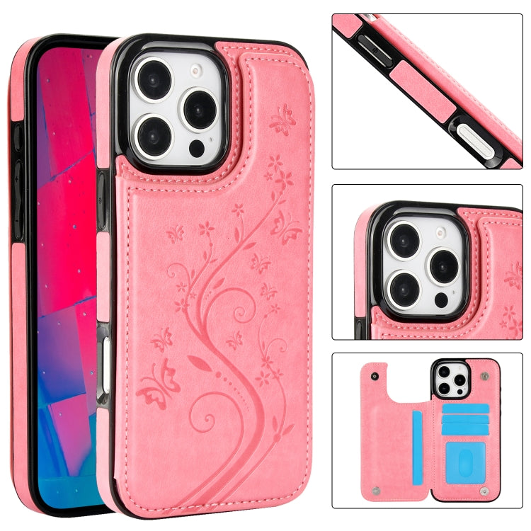 For iPhone 16 Pro Max Double Buckle Butterfly Embossing PU Phone Case(Pink) - iPhone 16 Pro Max Cases by PMC TechLife | Online Shopping South Africa | PMC TechLife | Buy Now Pay Later Mobicred