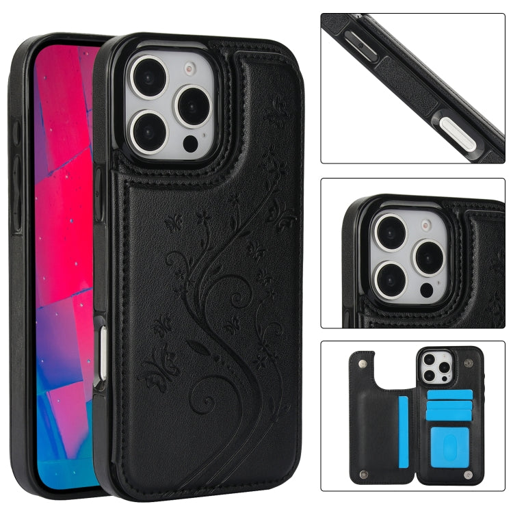 For iPhone 16 Pro Double Buckle Butterfly Embossing PU Phone Case(Black) - iPhone 16 Pro Cases by PMC TechLife | Online Shopping South Africa | PMC TechLife | Buy Now Pay Later Mobicred