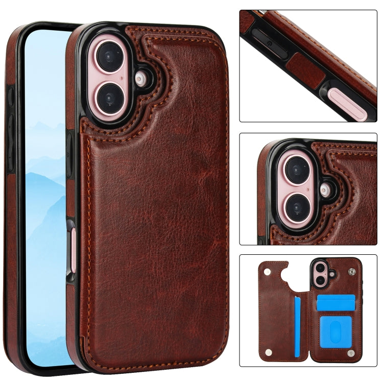 For iPhone 16 Plus Double Buckle Crazy Horse Texture PU Phone Case(Brown) - iPhone 16 Plus Cases by PMC TechLife | Online Shopping South Africa | PMC TechLife | Buy Now Pay Later Mobicred