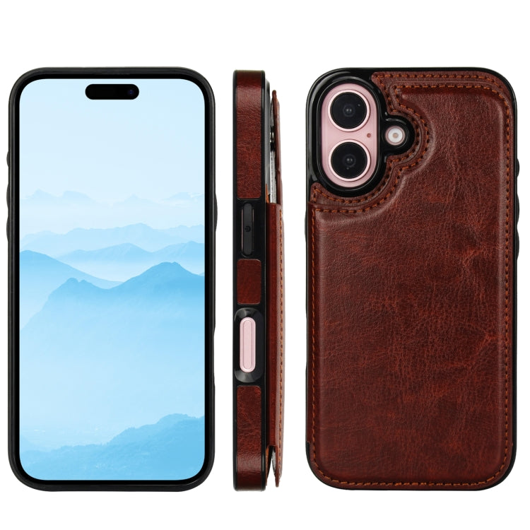 For iPhone 16 Plus Double Buckle Crazy Horse Texture PU Phone Case(Brown) - iPhone 16 Plus Cases by PMC TechLife | Online Shopping South Africa | PMC TechLife | Buy Now Pay Later Mobicred