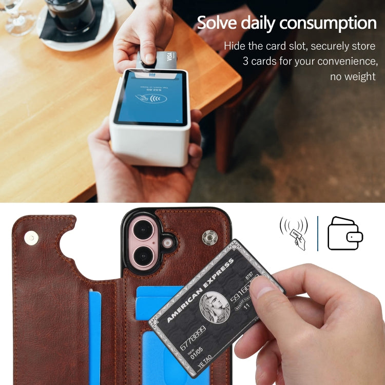 For iPhone 16 Plus Double Buckle Crazy Horse Texture PU Phone Case(Brown) - iPhone 16 Plus Cases by PMC TechLife | Online Shopping South Africa | PMC TechLife | Buy Now Pay Later Mobicred