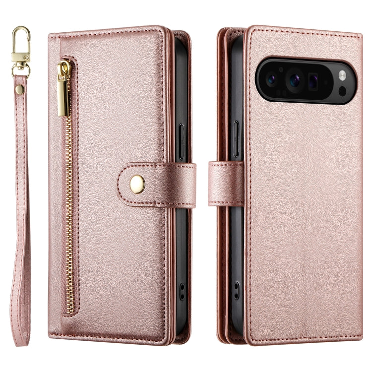 For Google Pixel 9 Pro XL Nine Card-slot Zipper Wallet Bag Leather Phone Case(Pink)