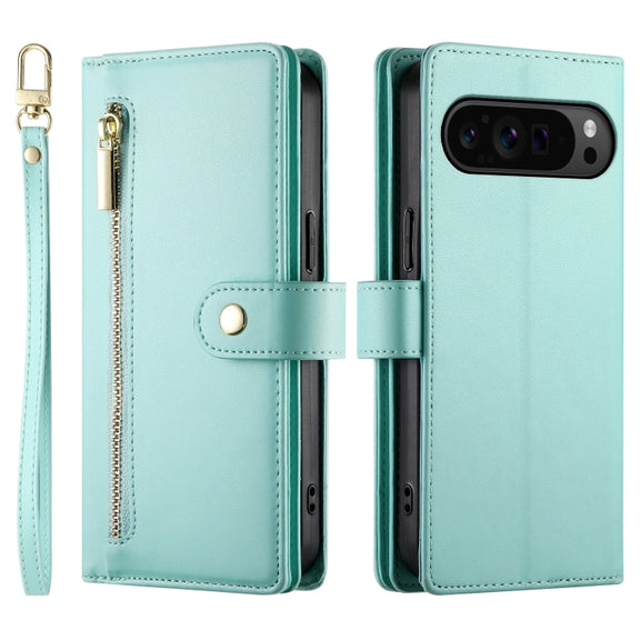 For Google Pixel 9 Pro XL Nine Card-slot Zipper Wallet Bag Leather Phone Case(Mint Green)