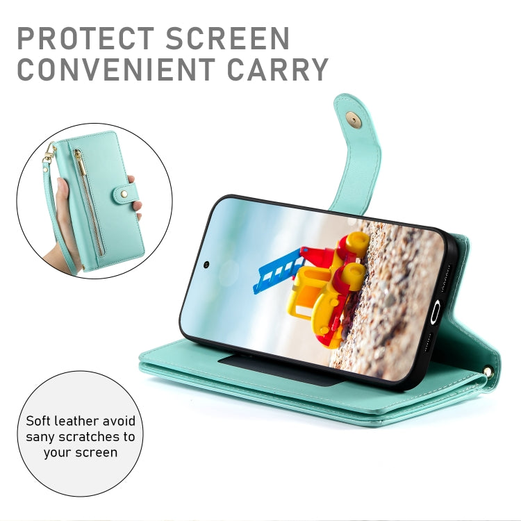 For Google Pixel 9 Pro XL Nine Card-slot Zipper Wallet Bag Leather Phone Case(Mint Green) - Google Cases by PMC TechLife | Online Shopping South Africa | PMC TechLife | Buy Now Pay Later Mobicred