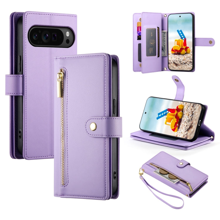 For Google Pixel 9 Pro XL Nine Card-slot Zipper Wallet Bag Leather Phone Case(Purple) - Google Cases by PMC TechLife | Online Shopping South Africa | PMC TechLife | Buy Now Pay Later Mobicred
