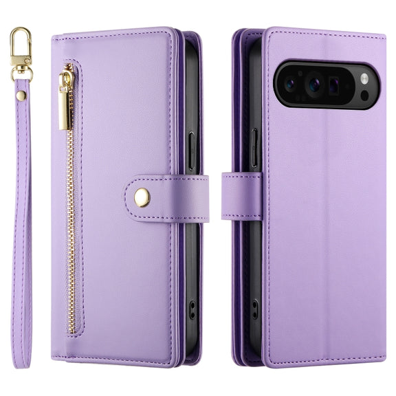 For Google Pixel 9 Pro XL Nine Card-slot Zipper Wallet Bag Leather Phone Case(Purple)