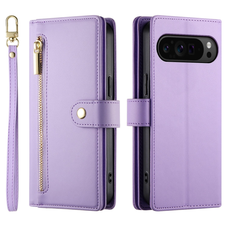 For Google Pixel 9 Pro XL Nine Card-slot Zipper Wallet Bag Leather Phone Case(Purple)
