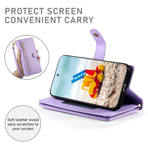For Google Pixel 9 Pro XL Nine Card-slot Zipper Wallet Bag Leather Phone Case(Purple)