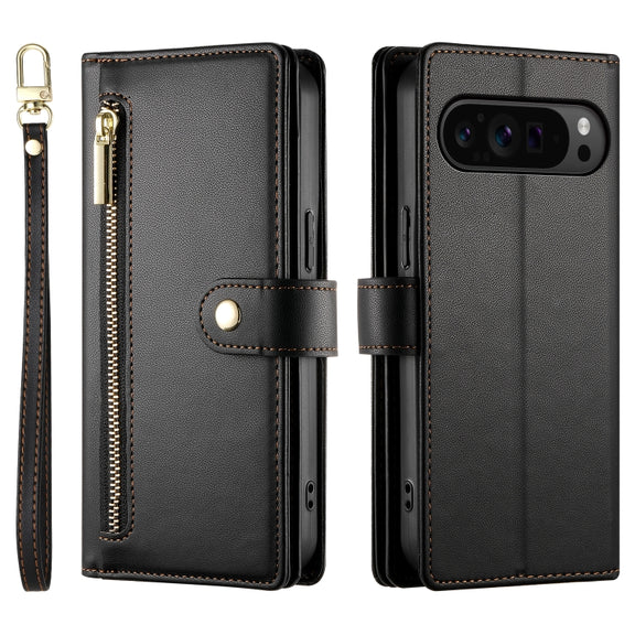 For Google Pixel 9 Pro XL Nine Card-slot Zipper Wallet Bag Leather Phone Case(Black)