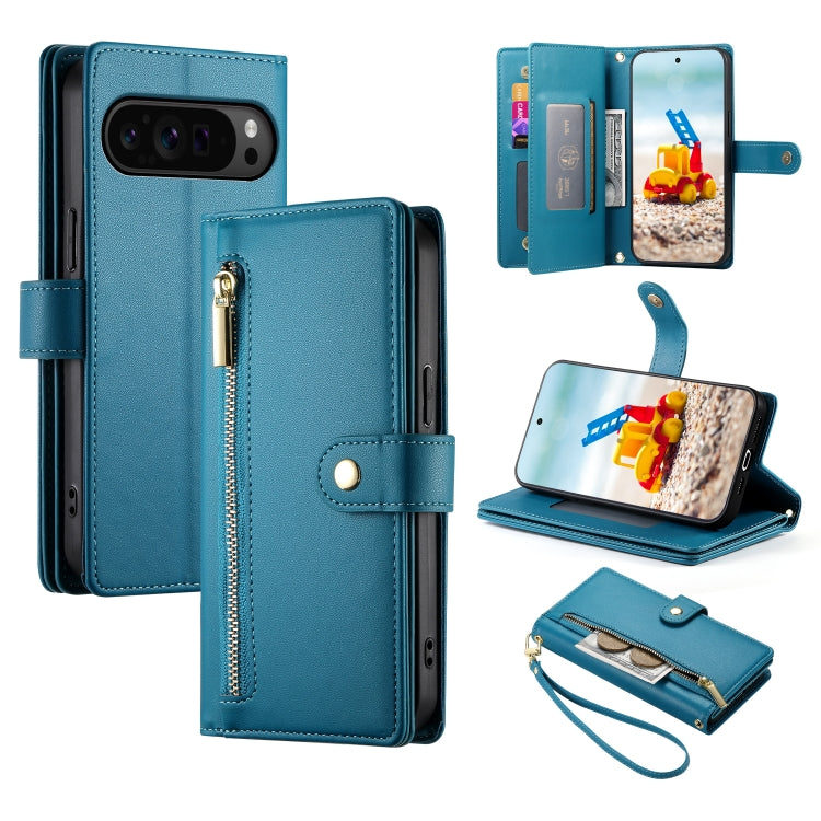 For Google Pixel 9 Pro XL Nine Card-slot Zipper Wallet Bag Leather Phone Case(Blue) - Google Cases by PMC TechLife | Online Shopping South Africa | PMC TechLife | Buy Now Pay Later Mobicred