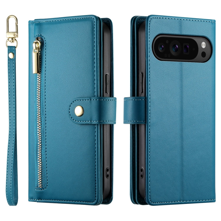 For Google Pixel 9 Pro XL Nine Card-slot Zipper Wallet Bag Leather Phone Case(Blue) - Google Cases by PMC TechLife | Online Shopping South Africa | PMC TechLife | Buy Now Pay Later Mobicred