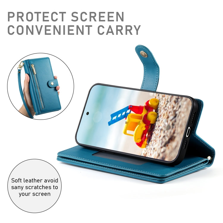 For Google Pixel 9 Pro XL Nine Card-slot Zipper Wallet Bag Leather Phone Case(Blue) - Google Cases by PMC TechLife | Online Shopping South Africa | PMC TechLife | Buy Now Pay Later Mobicred