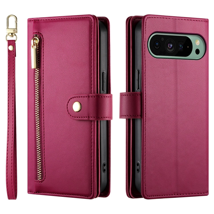 For Google Pixel 9 / 9 Pro Nine Card-slot Zipper Wallet Bag Leather Phone Case(Red) - Google Cases by PMC TechLife | Online Shopping South Africa | PMC TechLife | Buy Now Pay Later Mobicred