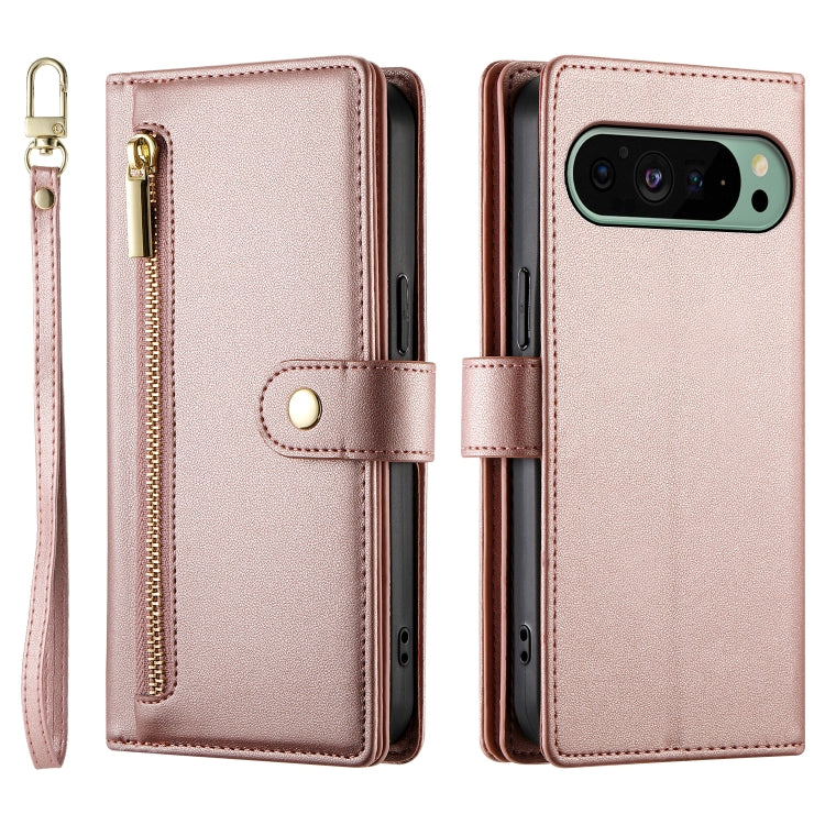 For Google Pixel 9 / 9 Pro Nine Card-slot Zipper Wallet Bag Leather Phone Case(Pink) - Google Cases by PMC TechLife | Online Shopping South Africa | PMC TechLife | Buy Now Pay Later Mobicred