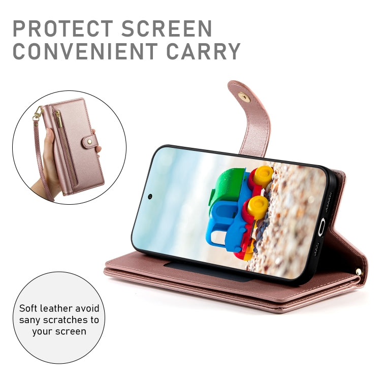 For Google Pixel 9 / 9 Pro Nine Card-slot Zipper Wallet Bag Leather Phone Case(Pink) - Google Cases by PMC TechLife | Online Shopping South Africa | PMC TechLife | Buy Now Pay Later Mobicred