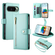 For Google Pixel 9 / 9 Pro Nine Card-slot Zipper Wallet Bag Leather Phone Case(Mint Green)