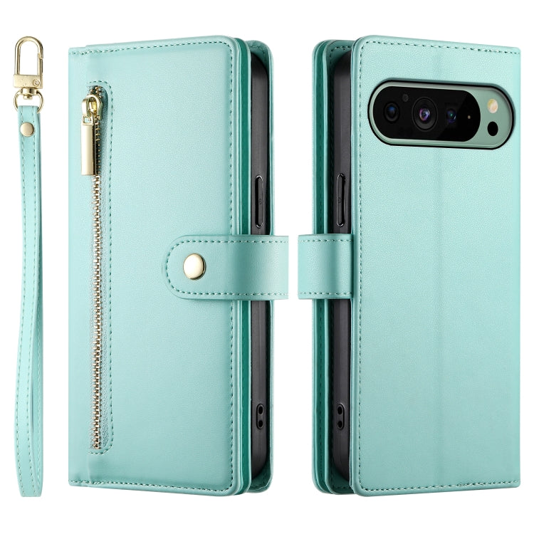 For Google Pixel 9 / 9 Pro Nine Card-slot Zipper Wallet Bag Leather Phone Case(Mint Green)