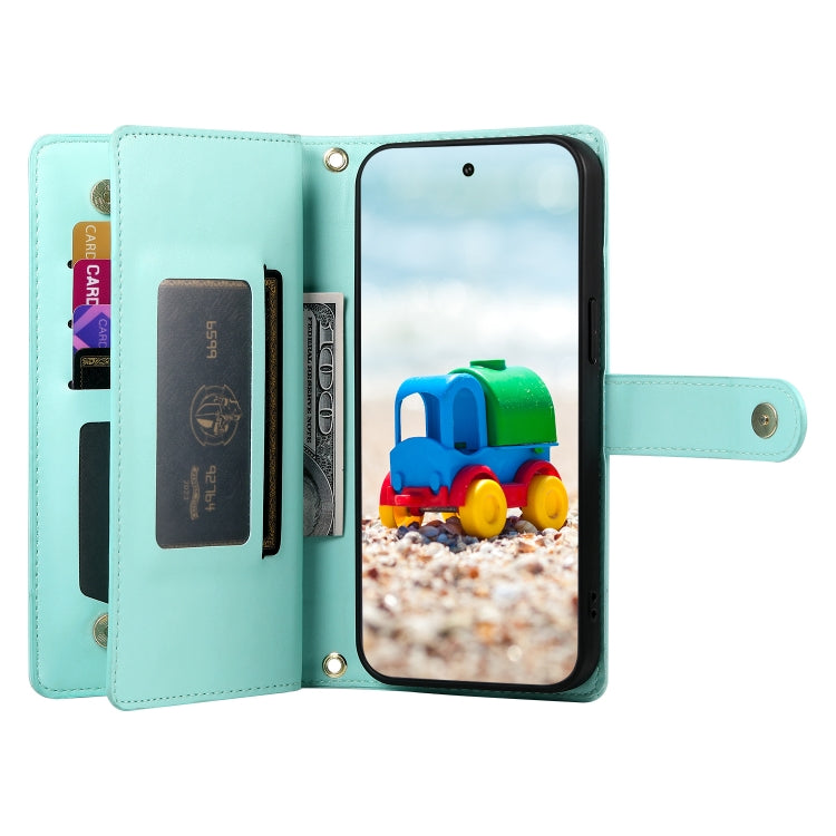 For Google Pixel 9 / 9 Pro Nine Card-slot Zipper Wallet Bag Leather Phone Case(Mint Green)