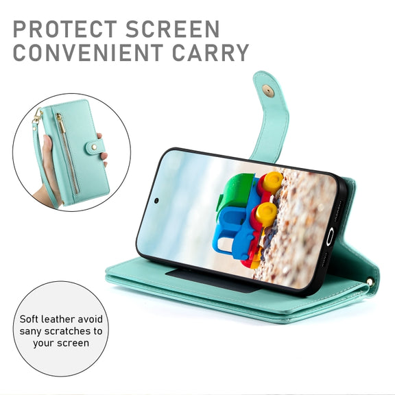 For Google Pixel 9 / 9 Pro Nine Card-slot Zipper Wallet Bag Leather Phone Case(Mint Green)