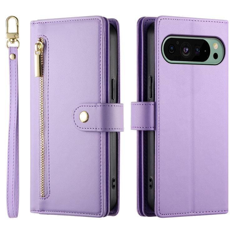For Google Pixel 9 / 9 Pro Nine Card-slot Zipper Wallet Bag Leather Phone Case(Purple) - Google Cases by PMC TechLife | Online Shopping South Africa | PMC TechLife | Buy Now Pay Later Mobicred