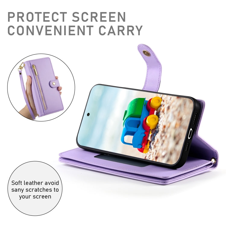 For Google Pixel 9 / 9 Pro Nine Card-slot Zipper Wallet Bag Leather Phone Case(Purple) - Google Cases by PMC TechLife | Online Shopping South Africa | PMC TechLife | Buy Now Pay Later Mobicred