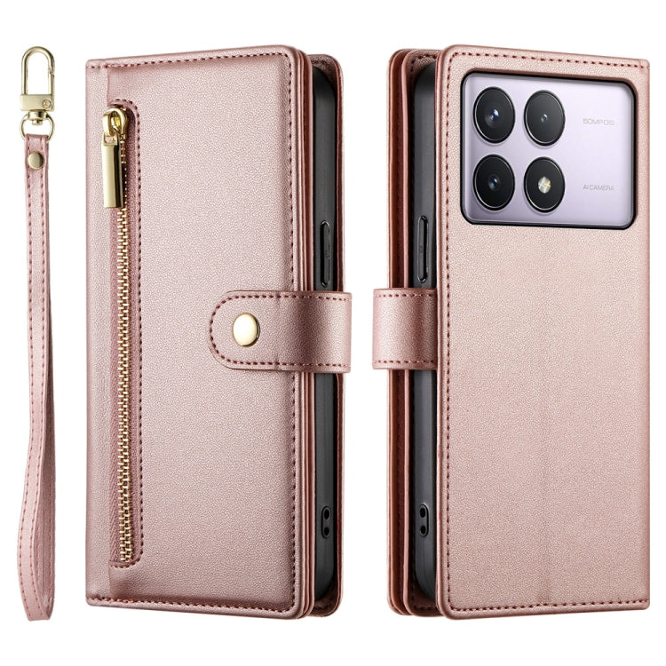 For Redmi K70 Nine Card-slot Zipper Wallet Bag Leather Phone Case(Pink)