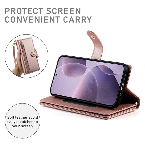 For Redmi K70 Nine Card-slot Zipper Wallet Bag Leather Phone Case(Pink)