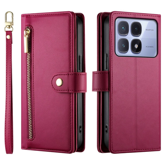 For Redmi K70 Ultra Nine Card-slot Zipper Wallet Bag Leather Phone Case(Red)