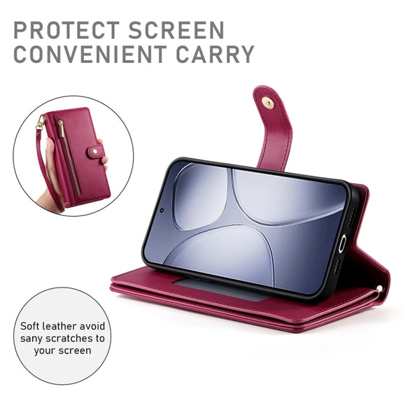 For Redmi K70 Ultra Nine Card-slot Zipper Wallet Bag Leather Phone Case(Red)