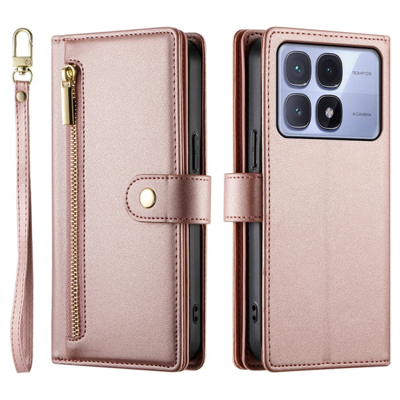 For Redmi K70 Ultra Nine Card-slot Zipper Wallet Bag Leather Phone Case(Pink)