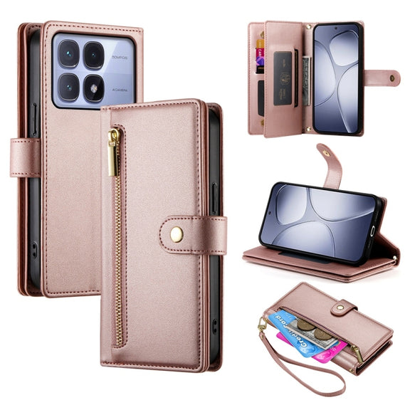 For Redmi K70 Ultra Nine Card-slot Zipper Wallet Bag Leather Phone Case(Pink)