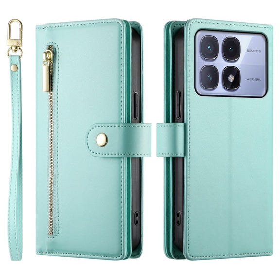 For Redmi K70 Ultra Nine Card-slot Zipper Wallet Bag Leather Phone Case(Mint Green)