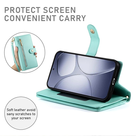 For Redmi K70 Ultra Nine Card-slot Zipper Wallet Bag Leather Phone Case(Mint Green)
