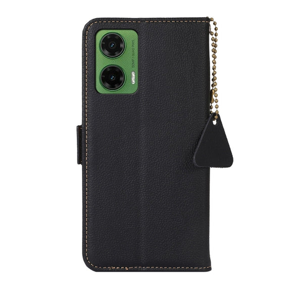 For Motorola Moto G35 Side-Magnetic TJ Genuine Leather RFID Phone Case(Black)