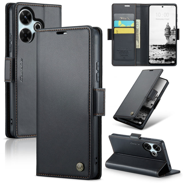 For Redmi 13 CaseMe 023 Butterfly Buckle Litchi Texture RFID Anti-theft Leather Phone Case(Black)