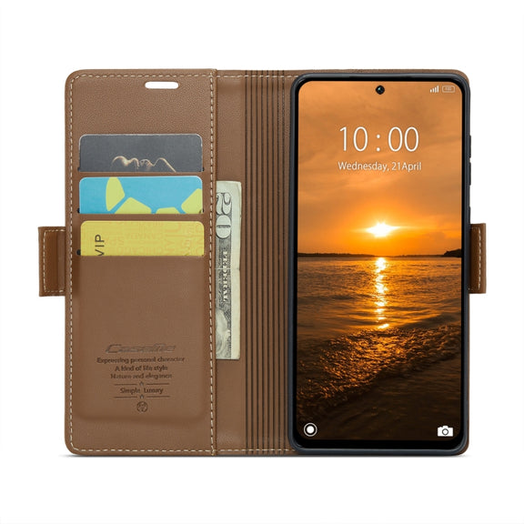 For Redmi 13 CaseMe 023 Butterfly Buckle Litchi Texture RFID Anti-theft Leather Phone Case(Brown)
