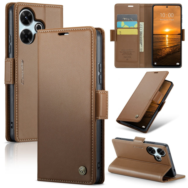 For Redmi 13 CaseMe 023 Butterfly Buckle Litchi Texture RFID Anti-theft Leather Phone Case(Brown)