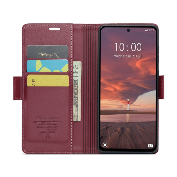 For Redmi 13 CaseMe 023 Butterfly Buckle Litchi Texture RFID Anti-theft Leather Phone Case(Wine Red)